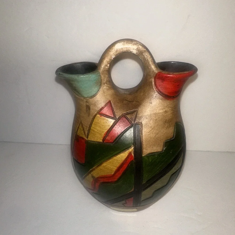 Vintage INDIAN TYPE WEDDING PITCHER Two Holes Colorful